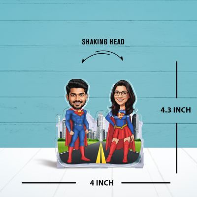 Personalized Super Man & Women Theme Bobblehead Caricature for Home Decor & Car Dashboard Solar Powered Moving Head Funny Gift for Couples